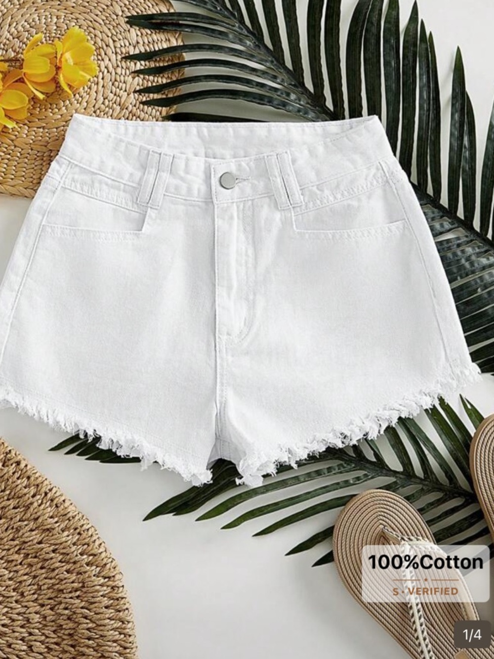 High-Waist Frayed Hem White Cotton Shorts